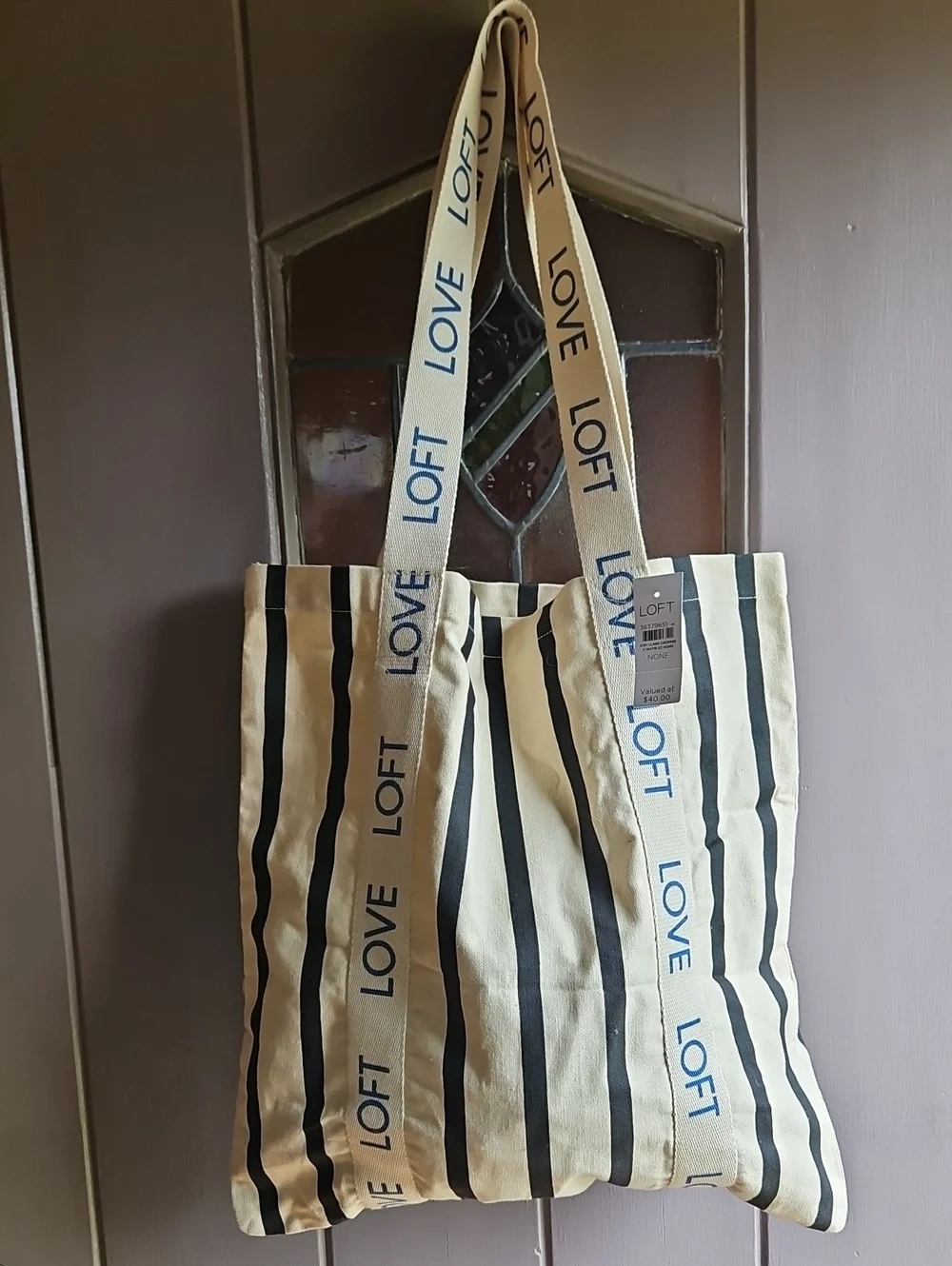 LOFT Blue and Cream Striped Canvas Tote with Logo Straps